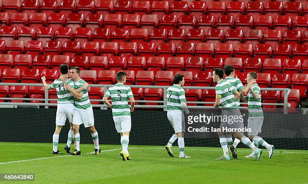 Celtic players celebrate the first Celtic goal during The Premier League International Cup match between Sunderland U21 v Celtic U21 at the Stadium...
