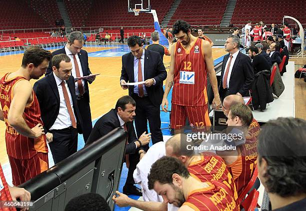 Ergin Ataman, head coach of Galatasaray Liv Hospital speaks to his players during the Turkish Airlines Euroleague regular season, round 10 basketball...