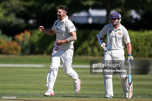 Andrew Ellis of Canterbury celebrates the wicket of Aaron Redmond of Otago during the Plunket Shield match between Otago and Canterbury at Rangiora...