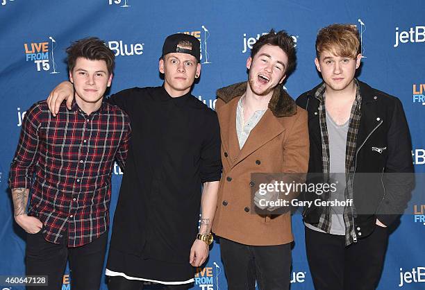 Musicians Charley Bagnall, Lewi Morgan, Jake Roche and Danny Wilkin of the band Rixton pose for pictures after performing at JetBlue's Live From T5...