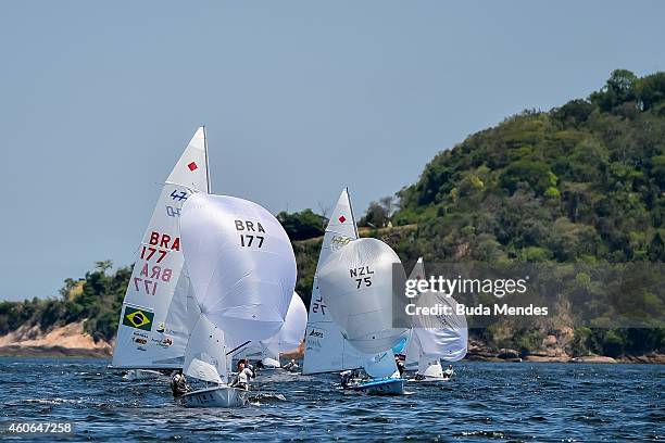 Fernanda Oliveira and Ana Barbachan of Brazil sail in the Pao de Acucar course during the Women's 470 class competition as part of the Copa Brasil on...