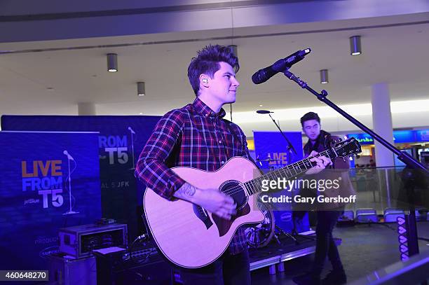 Musician Charley Bagnall of the band Rixton performs at JetBlue's Live From T5 Concert Series at JetBlue's Terminal 5 at JFK International Airport on...