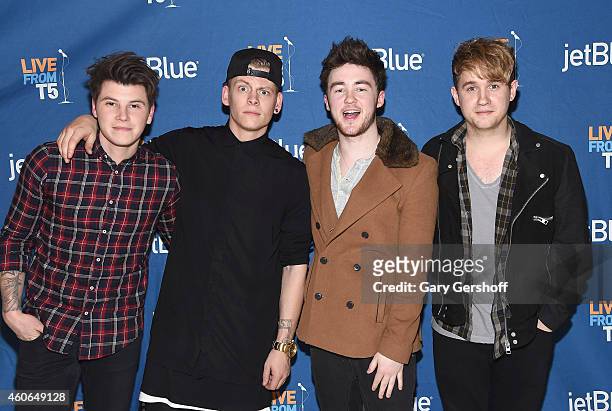 Musicians Charley Bagnall, Lewi Morgan, Jake Roche and Danny Wilkin of the band Rixton pose for pictures after performing at JetBlue's Live From T5...