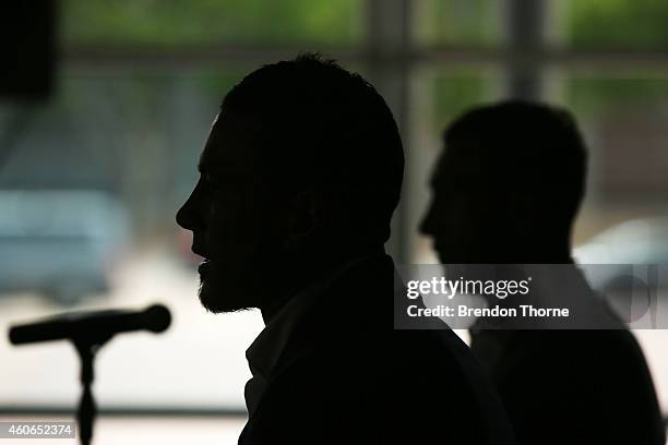 Sonny Bill Williams and Quade Cooper speak to the media during a press conference at Allphones Arena on December 19, 2014 in Sydney, Australia.