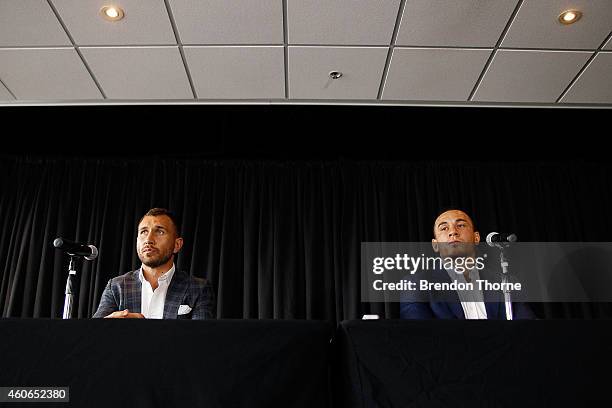 Sonny Bill Williams and Quade Cooper speak to the media during a press conference at Allphones Arena on December 19, 2014 in Sydney, Australia.