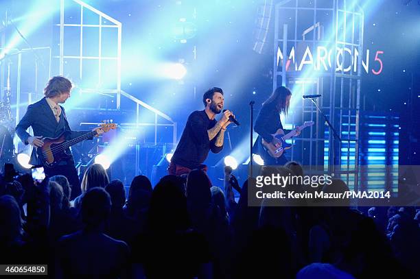 Recording artists Mickey Madden, Adam Levine and James Valentine of music group Maroon 5 perform onstage during the PEOPLE Magazine Awards at The...