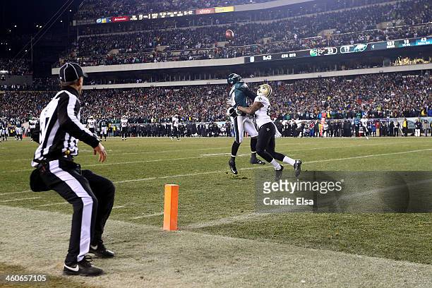 Corey White of the New Orleans Saints covers DeSean Jackson of the Philadelphia Eagles causing a 40 yard Defensive Pass Interference call in the...