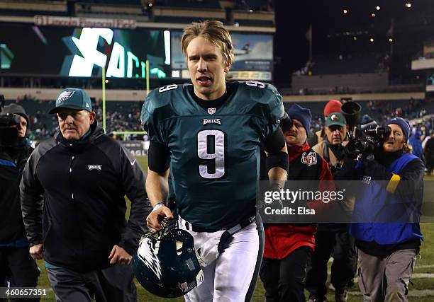 Nick Foles of the Philadelphia Eagles runs off the field after being defeated by the New Orleans Saints in their NFC Wild Card Playoff game at...