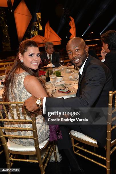 Brenda Carballo and Paulo Wanchope attend the inaugural Premios Univision Deportes backstage at Univision Studios on December 18, 2014 in Miami,...
