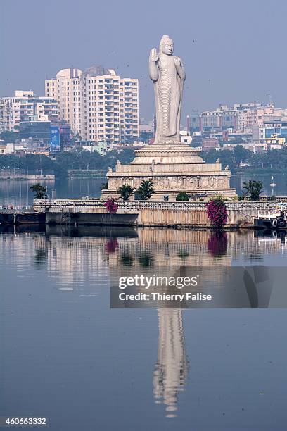 Meter high Buddha statue stands in the middle of Hyderabad's Hussain Sagar lake, an artificial lake built in 1562.