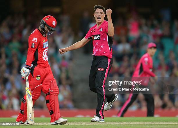 Ben Dwarshuis of the Sixers celebrates taking the wicket of Matthew Wade of the Renegades during the Big Bash League match between the Sydney Sixers...