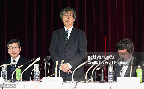 Special adviser in charge of Riken's verification testing Shinichi Aizawa speaks during a press conference on December 19, 2014 in Tokyo, Japan....