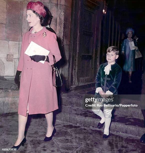 Queen Elizabeth II and Prince Andrew as a pageboy, attending a society wedding in Westminster Abbey, Londond on 20th October 1966.