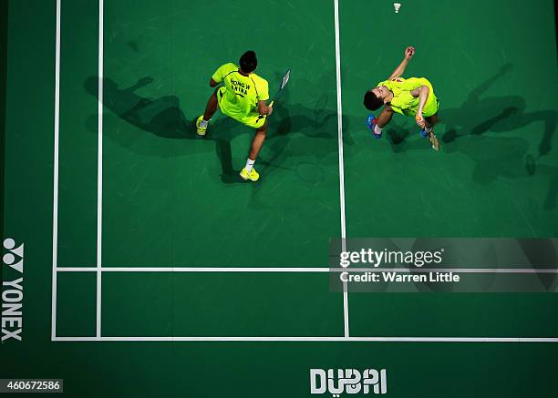 Chai Biao and Hong Wei of China in action against Ko Sung and Shin Bael Choel of Korea during the Men's Doubles on day three of the BWF Destination...