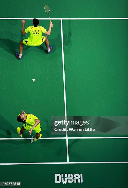 Chai Biao and Hong Wei of China in action against Ko Sung and Shin Bael Choel of Korea during the Men's Doubles on day three of the BWF Destination...