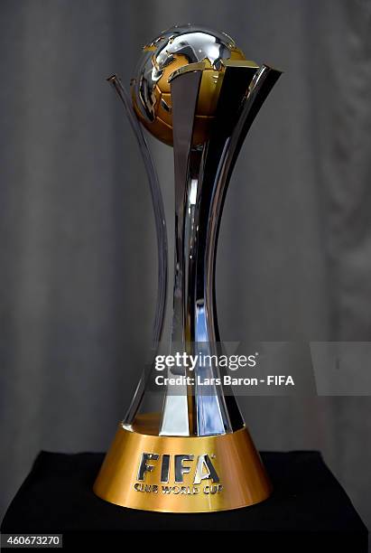 The trophy for the FIFA Club World Cup is seen prior to the FIFA Executive Committee press conference at Sofitel Marrakech on December 19, 2014 in...