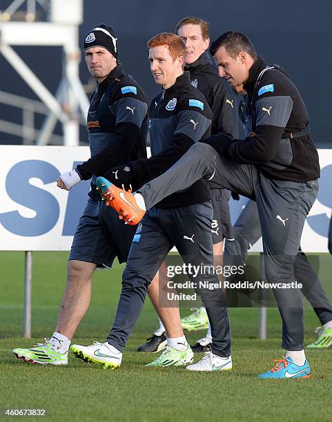 Daryl Janmaat , Jack Colback and Steven Taylor of Newcastle United during a training session at The Newcastle United Training Centre on December 19,...