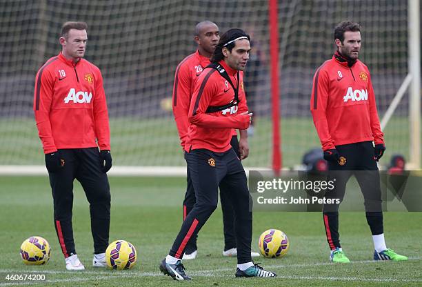 Radamel Falcao of Manchester United in action during a first team training session at Aon Training Complex on December 19, 2014 in Manchester,...