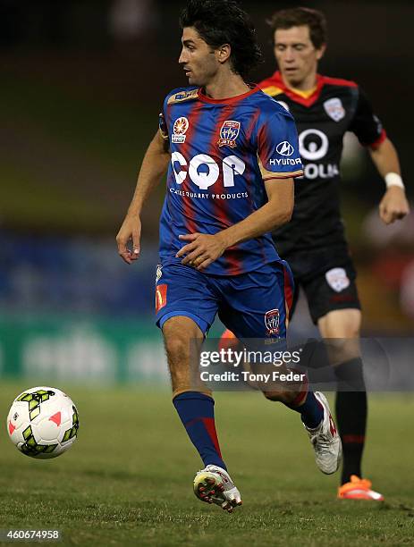 Zenon Caravella of the Jets controls the ball during the round 12 A-League match between the Newcastle Jets and the Adelaide United at Hunter Stadium...