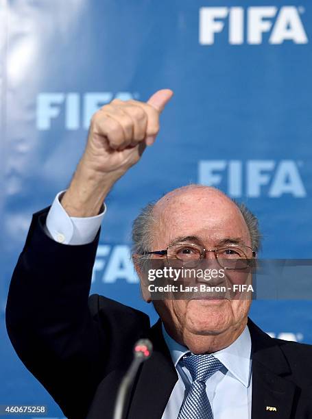 President Joseph S. Blatter speaks to the press during the FIFA Executive Committee press conference at Sofitel Marrakech on December 19, 2014 in...