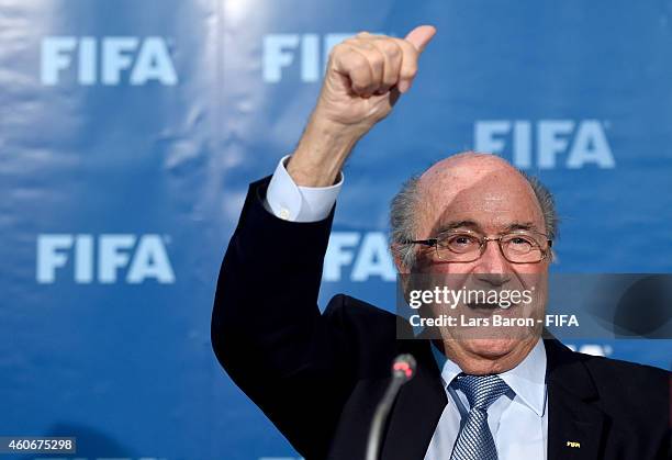 President Joseph S. Blatter speaks to the press during the FIFA Executive Committee press conference at Sofitel Marrakech on December 19, 2014 in...