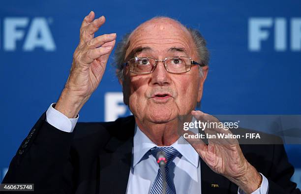 President Joseph S. Blatter speaks to the press during the FIFA Executive Committee press conference at Sofitel Marrakech on December 19, 2014 in...