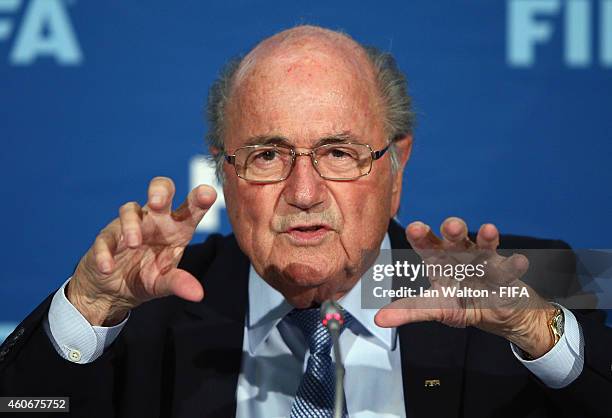 President Joseph S. Blatter speaks to the press during the FIFA Executive Committee press conference at Sofitel Marrakech on December 19, 2014 in...