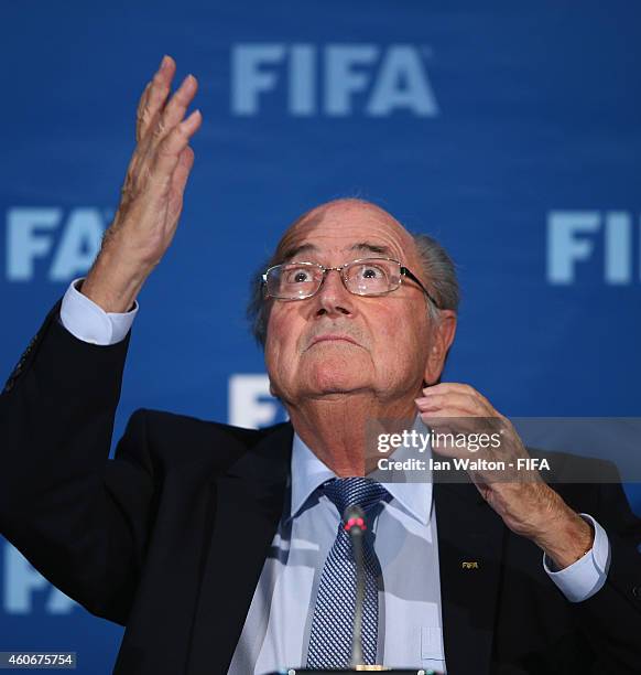 President Joseph S. Blatter speaks to the press during the FIFA Executive Committee press conference at Sofitel Marrakech on December 19, 2014 in...