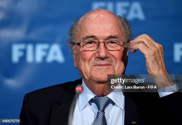 President Joseph S. Blatter smiles to the press during the FIFA Executive Committee press conference at Sofitel Marrakech on December 19, 2014 in...