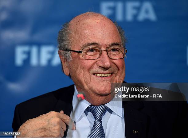 President Joseph S. Blatter smiles to the press during the FIFA Executive Committee press conference at Sofitel Marrakech on December 19, 2014 in...