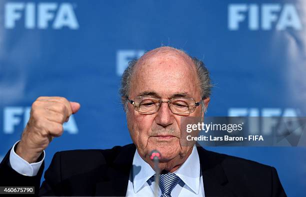 President Joseph S. Blatter smiles to the press during the FIFA Executive Committee press conference at Sofitel Marrakech on December 19, 2014 in...