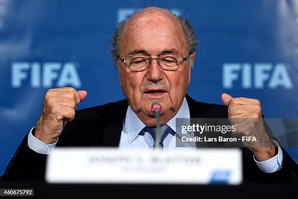 President Joseph S. Blatter speaks to the press during the FIFA Executive Committee press conference at Sofitel Marrakech on December 19, 2014 in...