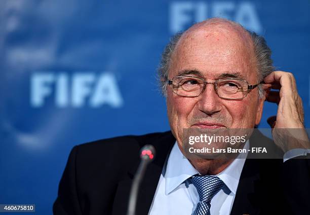 President Joseph S. Blatter smiles to the press during the FIFA Executive Committee press conference at Sofitel Marrakech on December 19, 2014 in...