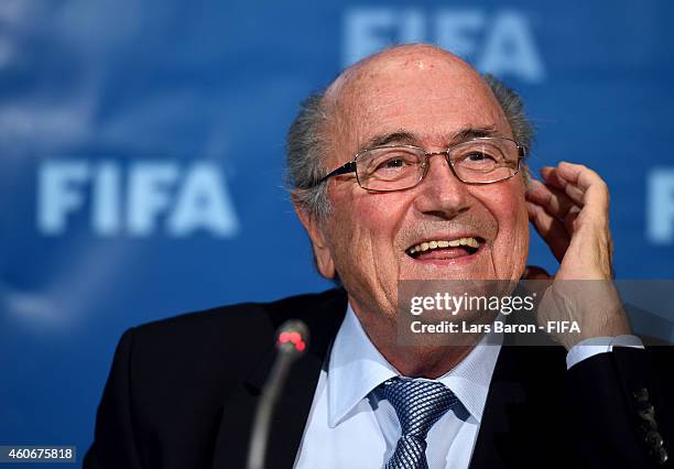 President Joseph S. Blatter smiles to the press during the FIFA Executive Committee press conference at Sofitel Marrakech on December 19, 2014 in...