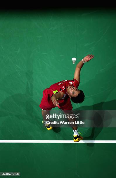 Kento Momota of Japan in action against Tommy Sugiarto of Indonesia during the Men's Singles Group B match on day three of the BWF Destination Dubai...