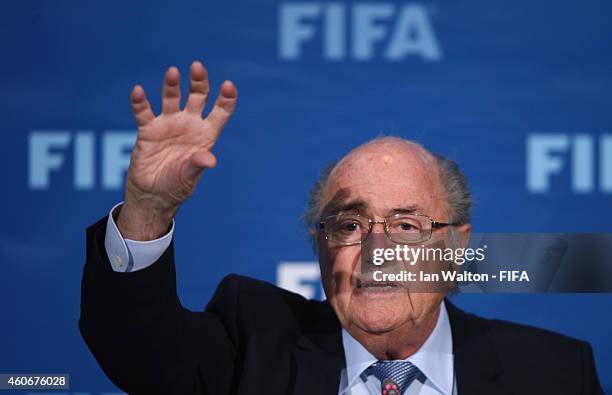 President Joseph S. Blatter speaks to the press during the FIFA Executive Committee press conference at Sofitel Marrakech on December 19, 2014 in...