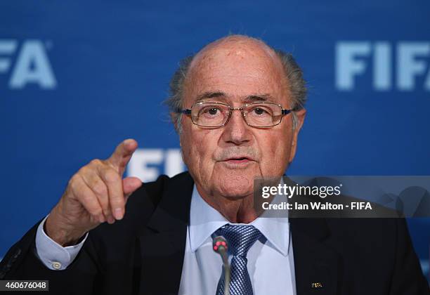 President Joseph S. Blatter speaks to the press during the FIFA Executive Committee press conference at Sofitel Marrakech on December 19, 2014 in...