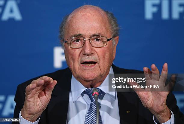 President Joseph S. Blatter speaks to the press during the FIFA Executive Committee press conference at Sofitel Marrakech on December 19, 2014 in...