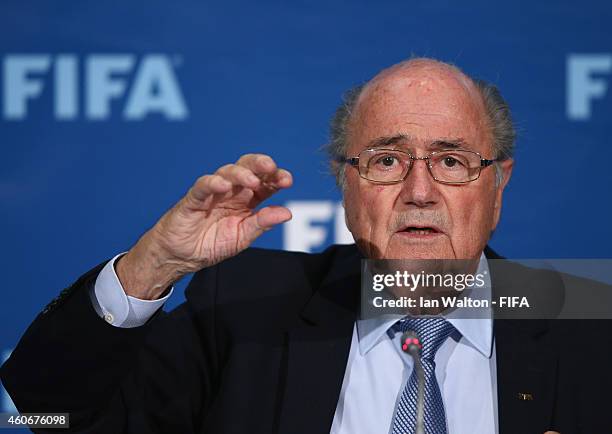 President Joseph S. Blatter speaks to the press during the FIFA Executive Committee press conference at Sofitel Marrakech on December 19, 2014 in...