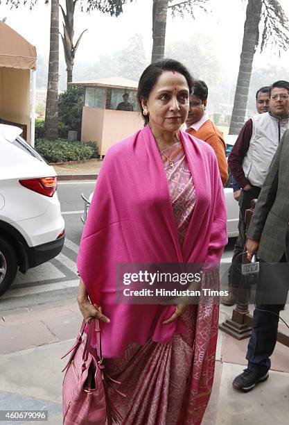 Hema Malini at Parliament House on December 19, 2014 in New Delhi, India. Progress on key bills such as a nationwide sales tax scrutinised as...