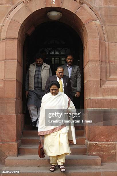 Chief Mayawati at Parliament House on December 19, 2014 in New Delhi, India. Progress on key bills such as a nationwide sales tax scrutinised as...