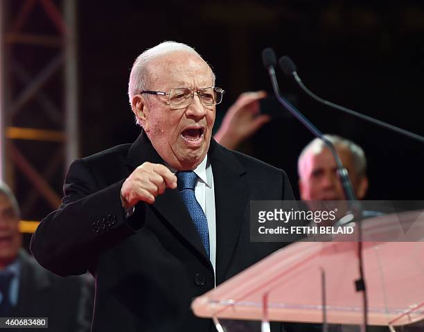 Tunisian presidential candidate for the anti-Islamist Nidaa Tounes party, Beji Caid Essebsi speaks during his last meeting on December 19, 2014 on...