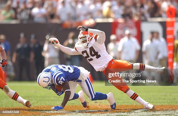 Robert Griffith of the Cleveland Browns brings down during a game against the Indianapolis Colts on September 08, 2003 at the Cleveland Browns...