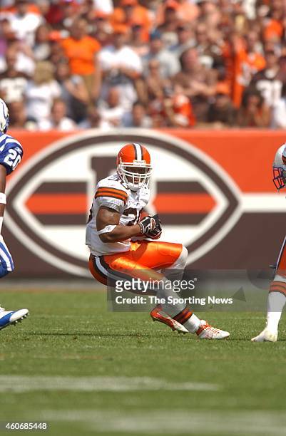 Jamel White of the Cleveland Browns runs with the ball during a game against the Indianapolis Colts on September 08, 2003 at the Cleveland Browns...
