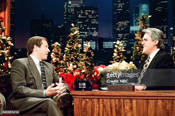 Episode 829 -- Pictured: News anchor Brian Williams during an interview with host Jay Leno on December 19, 1995 --