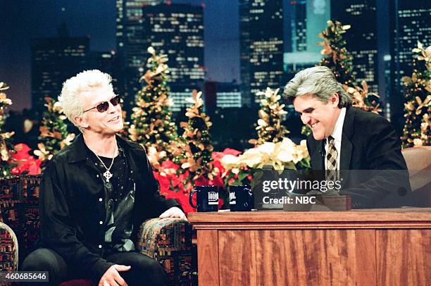 Episode 829 -- Pictured: Musical guest Billy Idol during an interview with host Jay Leno on December 19, 1995 --