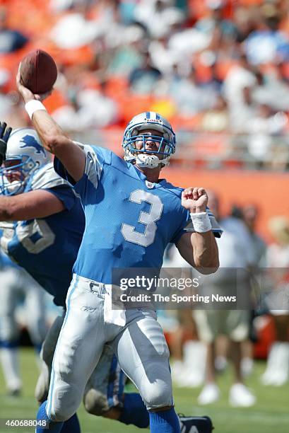 Joey Harrington of the Detroit Lions throws a pass during a game against the Miami Dolphins on September 8, 2002 at the Pro Player Stadium in Miami,...