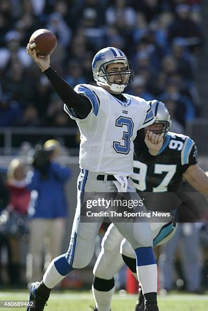 Joey Harrington of the Detroit Lions in action during a game against the Carolina Panthers on December 21, 2003 at Erickson Stadium in Charlotte,...