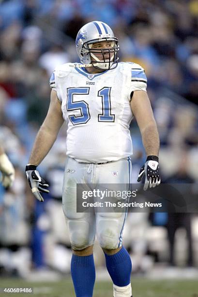 Dominic Raiola of the Detroit Lions standing on the field during a game against the Carolina Panthers on December 21, 2003 at Erickson Stadium in...