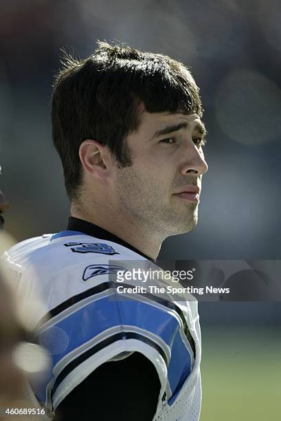 Joey Harrington of the Detroit Lions participates in warm-ups before a game against the Carolina Panthers on December 21, 2003 at Erickson Stadium in...